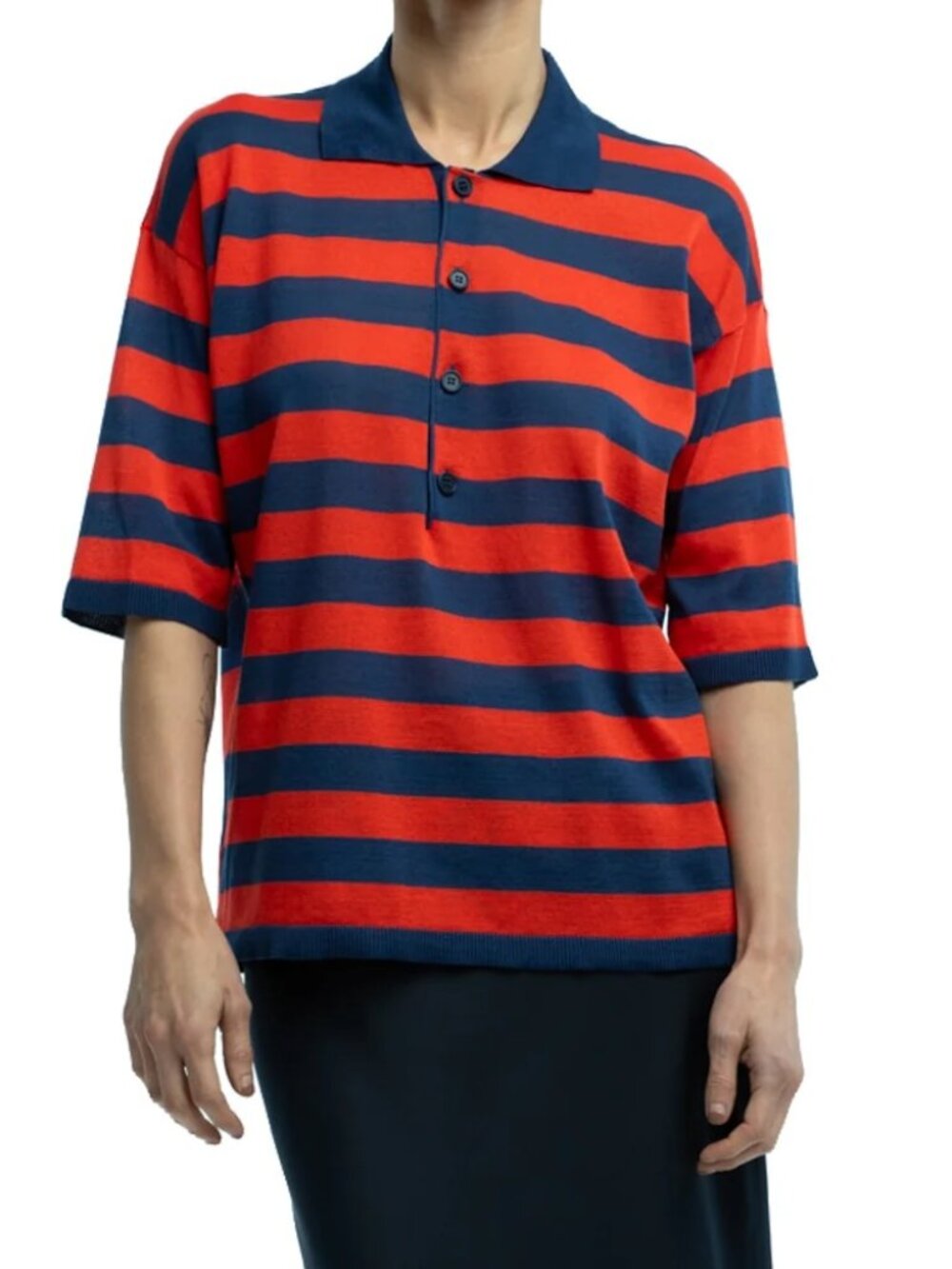 NWT Eolas Orlando Red & Navy Striped Organic Cotton Polo Top Sz. M